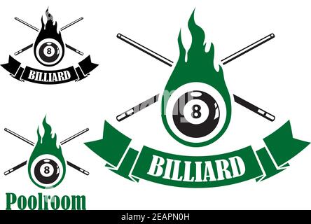 Billiard icons with crossed cues behind a flaming number 8 ball, two with ribbon banners and text Billiard, and the third with text Poolroom Stock Vector