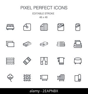 Home textiles collection of outline icons collection with linens, towel, mattress, curtain, tablecloth, blanket, carpet and others. Pixel perfect icon Stock Vector