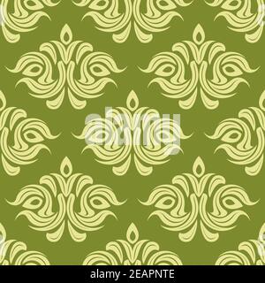 Seamless floral light khaki pattern in paisley Persian style, on green colored backdrop. Suitable for wallpaper and fabric design Stock Vector