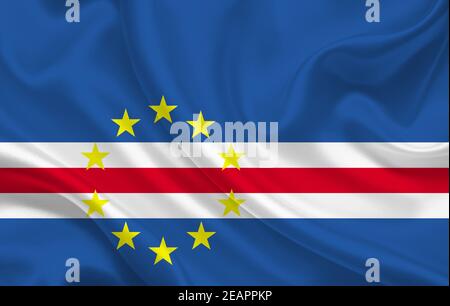 Cape Verde country flag on wavy silk fabric background panorama Stock Photo