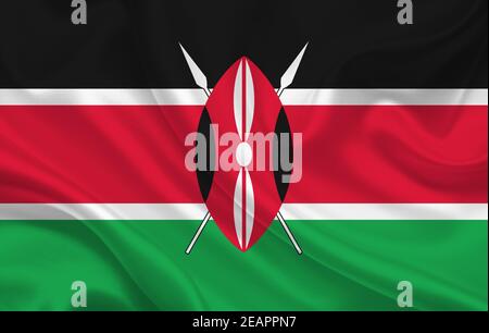 Kenya country flag on wavy silk fabric background panorama Stock Photo