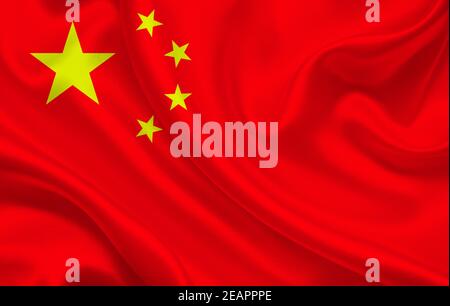 Flag of China country on wavy silk fabric background panorama Stock Photo