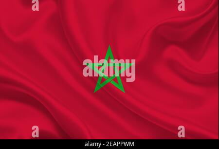 Morocco country flag on wavy silk fabric background panorama Stock Photo