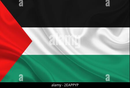Palestine country flag on wavy silk fabric background panorama Stock Photo
