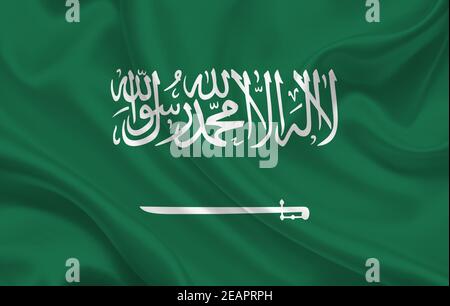 Saudi Arabia country flag on wavy silk fabric panorama background Stock Photo