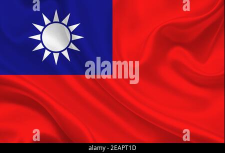 Flag of the country of Taiwan on a background of wavy silk fabric panorama Stock Photo