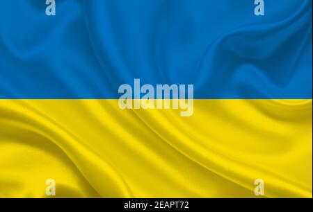 Ukraine country flag on wavy silk fabric background panorama Stock Photo