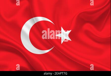 Flag of Turkey country on wavy silk fabric background panorama Stock Photo