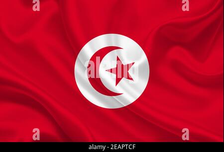 Tunisia country flag on wavy silk fabric background panorama Stock Photo