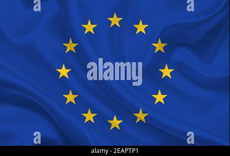 EU country flag on wavy silk fabric background panorama Stock Photo