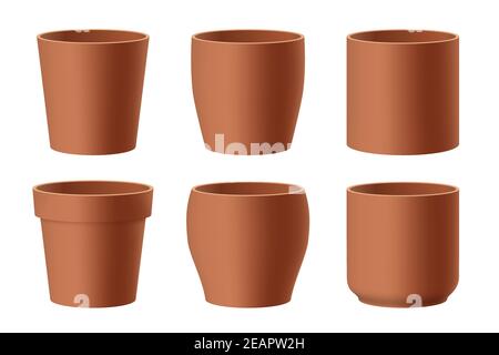 Vector set of realistic brown ceramic flower pots isolated on white background. Pots of different shapes. 3D illustration Stock Vector