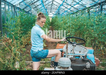 young woman working on a tractor in a greenhouse Stock Photo