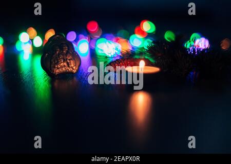 Christmas Composition of Church Icon on a Wooden Background With Multicolored Boken Stock Photo