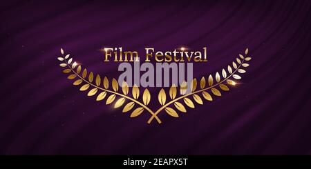 Golden shiny award laurel wreaths and Film Festival text isolated on violet waving curtain background. Vector design element Stock Vector