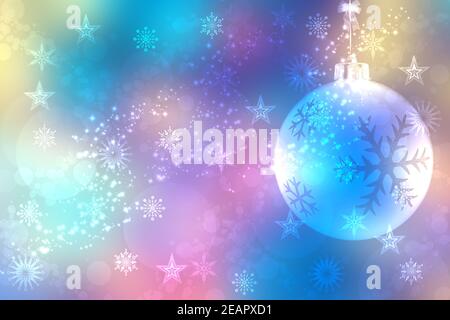 Christmas card template. Abstract festive natural colorful winter christmas background texture with a pastel bokeh lighted xmas bauble and stars. Beautiful card design. Space. Stock Photo