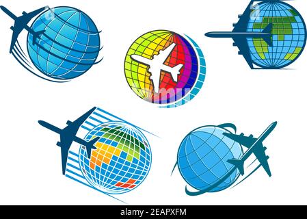 Airplane and air travel icons with five colorful vector designs of jetliners flying around globes conceptual of vacations, business flights and touris Stock Vector