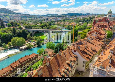 Aerial view on old town with medieval architecture and historical buildings in Bern, Switzerland from Cathedral bell tower. Federal Palace Swiss Stock Photo