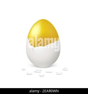 Golden egg in white eggshell on white background. Vector realistic egg. Stock Vector