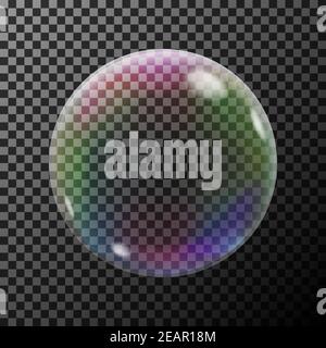 Transparent colorful soap bubble on a dark background. Vector Illustration. Stock Vector