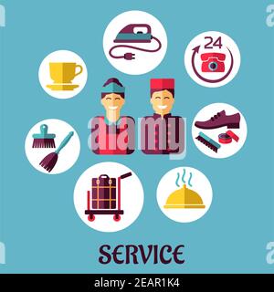 Concept in flat design for hotel services with bell boy, maid and composition of room services icons on blue background Stock Vector
