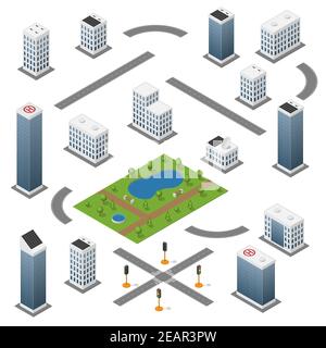 Set of isometric buildings, roads, park and traffic light. Stock Vector