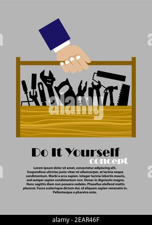 DIY flat poster with set of tools in wooden toolbox being carried by a repairman hand Stock Vector