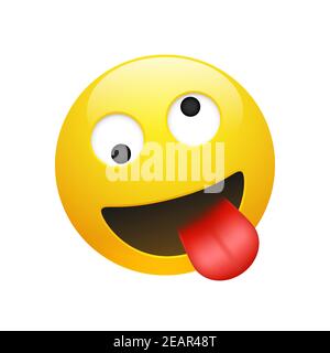 Vector Emoji yellow smiley crazy face with eyes and mouth showing tongue on white background. Funny cartoon Emoji icon. 3D illustration for chat or me Stock Vector