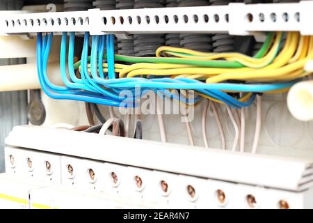 This is a clean electrical shield with the correct wiring of the new wires in close-up. Stock Photo
