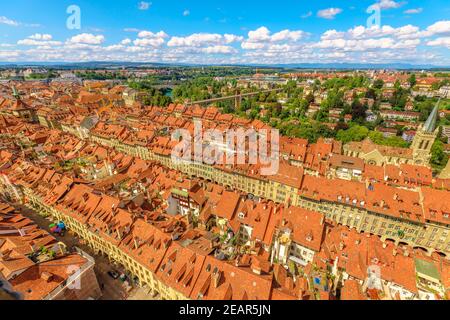 Aerial view of Bern old town, Switzerland, UNESCO World Heritage Site since 1983 from Cathedral bell tower.In the distance, characteristic arcades Stock Photo