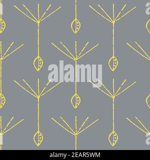 Dandelion seed seamless vector pattern background. Backdrop of abstract of floating herbacious flower seeds yellow grey backdrop. Stylised hand drawn Stock Vector