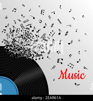 Retro music vintage poster with vinyl disc and explosion of musical notes for media and entertainment design Stock Vector