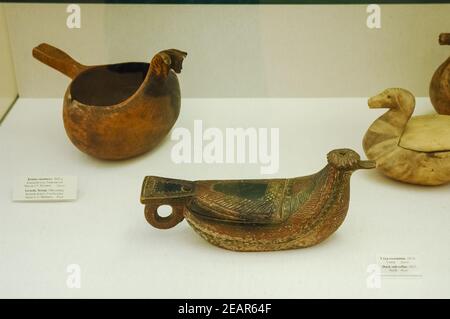 Wooden utensils, museum Russian culture. Ancient Russian utensils. Stock Photo