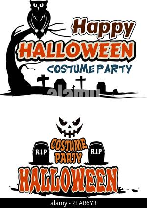 Halloween party themes with orange text decorated with tombstones, a graveyard, owl in a tree and face of a ghost Stock Vector