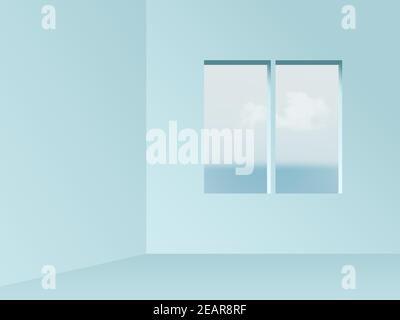 Square window view from blue empty room abstract background. View on blue sky, sea and clouds vector illustration. Abstarct minimal interior design of Stock Vector