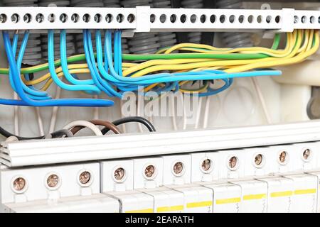 This is a clean electrical shield with the correct wiring of the new wires in close-up. Stock Photo