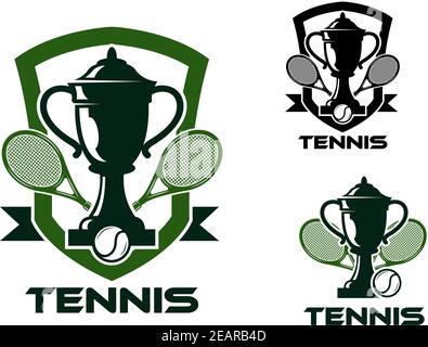 Sport design for tennis tournament logo, labels or emblems includes heraldic shields with crossed rackets, balls, trophy cups and ribbon banners in gr Stock Vector