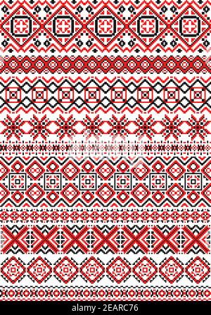 Geometric embroidery pattern in folk style with red, black and white ornaments Stock Vector