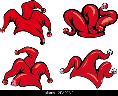Colorful red vector jester hats with bells in various shapes isolated on white Stock Vector