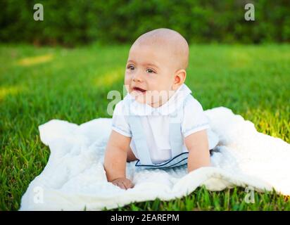 Little cute boy, photo shoot on the street. Stock Photo