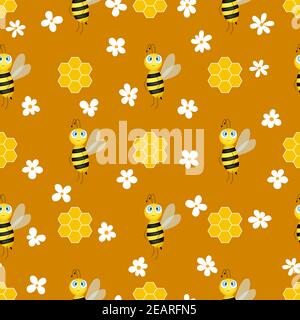 Seamless pattern with bees and honeycombs on brown background. Small wasp. Vector illustration. Adorable cartoon character. Template design for Stock Vector