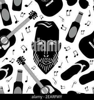 Beach party vector seamless pattern background. Monochrome backdrop with bearded man head, guitar, flip flops, aviator sun glasses, beer bottles Stock Vector