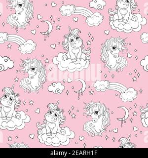 Cute white unicorns with rainbow and clouds isolated on pink background. Vector seamless pattern. Illustration for party, print, baby shower, wallpape Stock Vector