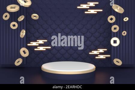 Dark blue 3D rendering product display pedestal stand anniversary ...