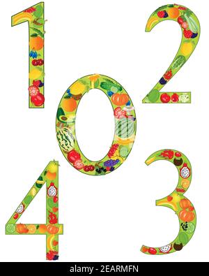 Numerals decorative zero one two three four fruits Stock Vector