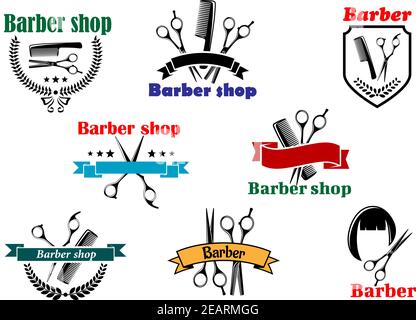 Barber shop logo, emblems and labels for signboard design with open scissors, brushes, haircut silhouette part of them with colorful ribbon banners an Stock Vector