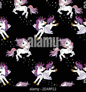 Cute running and flying unicorns with stars on black color. Vector seamless pattern. Colorful illustration for party, print, baby shower, wallpaper, d Stock Vector