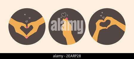 Heart shaped hands. Round icons of love and romance concept. Social media covers. Vector flat isolated illustrations for design. Stock Vector