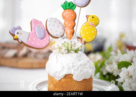 Easter composition with beautifully decorated Easter cake on a blurred background. Easter holiday concept. Stock Photo