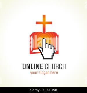 Cross, open book and tap finger logo. Religious creative christian logotype. Pixel symbol. Isolated abstract graphic web design template. E bible phon Stock Vector