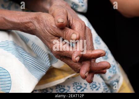 The hands of an old Indian woman, Kumrokhali, West Bengal, India Stock Photo